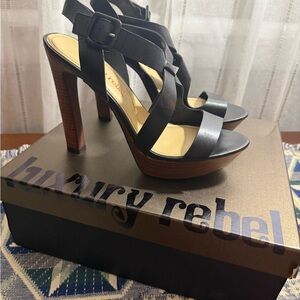 Luxury Rebel Black CHANTAL Strappy Platform Heels with Wood-Look Block Heel